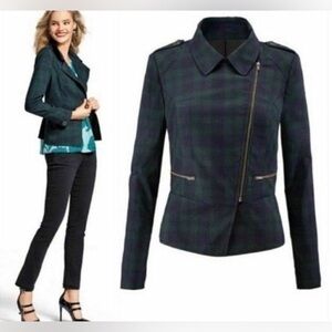 CAbi Tartan Green Blue Plaid Asymmetrical Zip Moto Career Blazer Jacket Womens 8